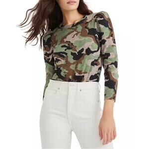 Veronica Beard Porter Camo 3/4 Puff Sleeve Top Size Small Cotton Slim Fit